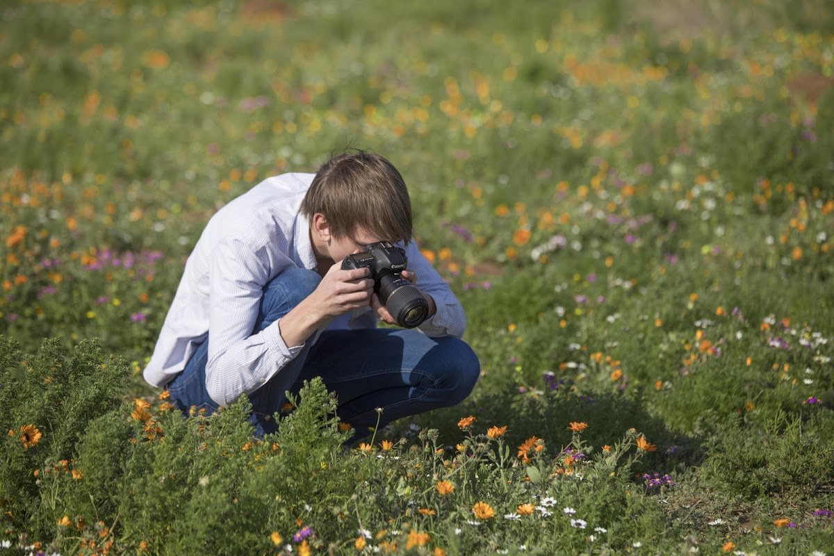 Hombre toma fotos de flores silvestres en la costa oeste