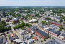 Aerial view of Downtown Peabody and Peabody Square