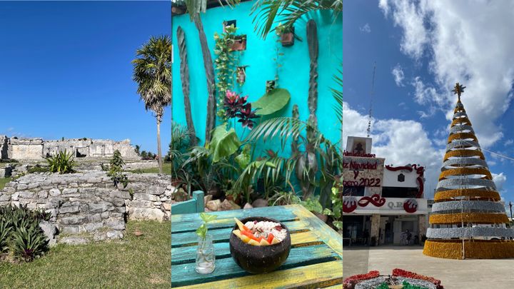 De izquierda a derecha: ruinas mayas, amor primitivo y adornos navideños en el centro de la ciudad.