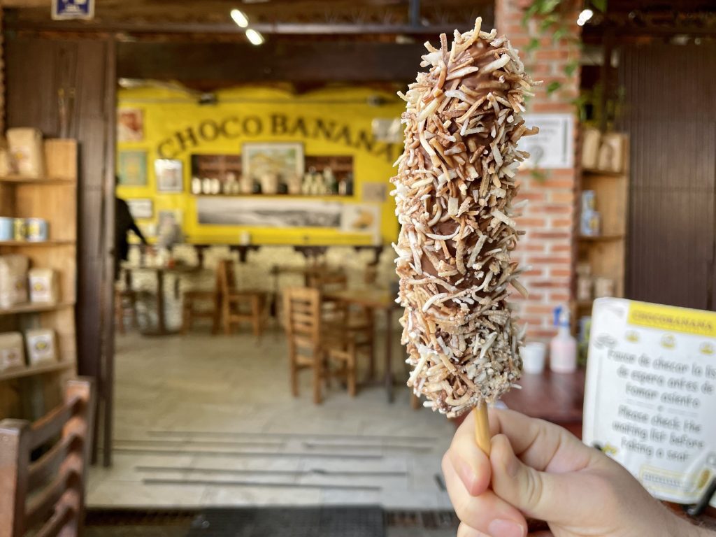 A frozen banana on a stick topped with chocolate and shredded coconut.