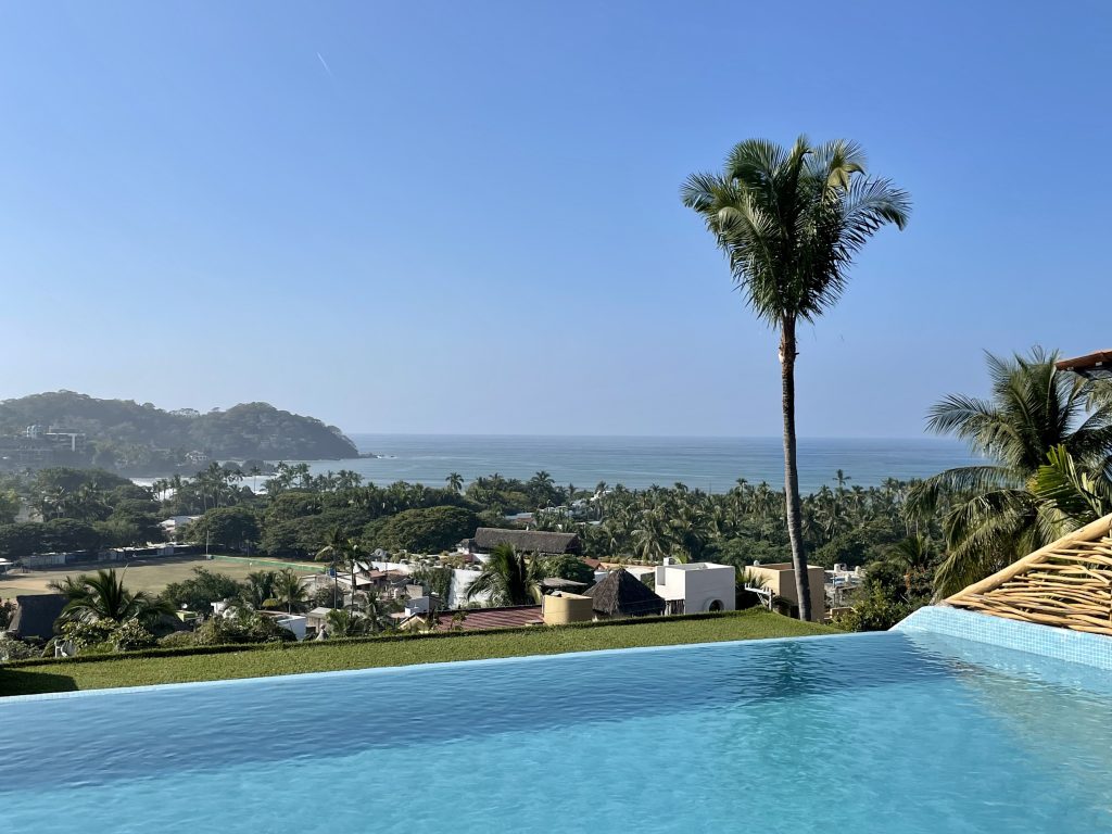 View from a hotel of an infinity pool, followed by palm trees and hills leading to the ocean.