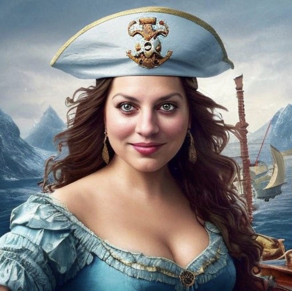 An AI-generated image of Kate as a pirate wench in a hat and peasant blouse in front of a seascape. The AI gave her huge boobs for some reason.