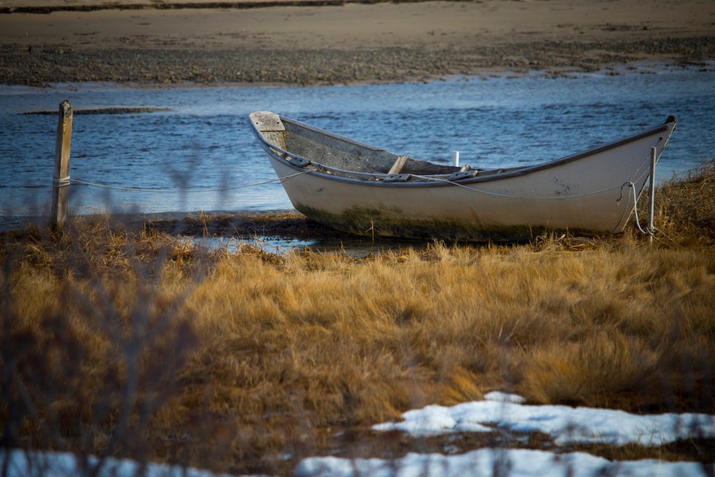 An old wooden rowboat moored on a marshy bit of land.