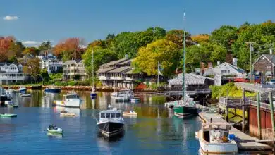 Fishing boats docked in a smooth harbor in front of waterfront homes in Ogunquit, Maine. In the background are trees just starting to turn red and yellow.
