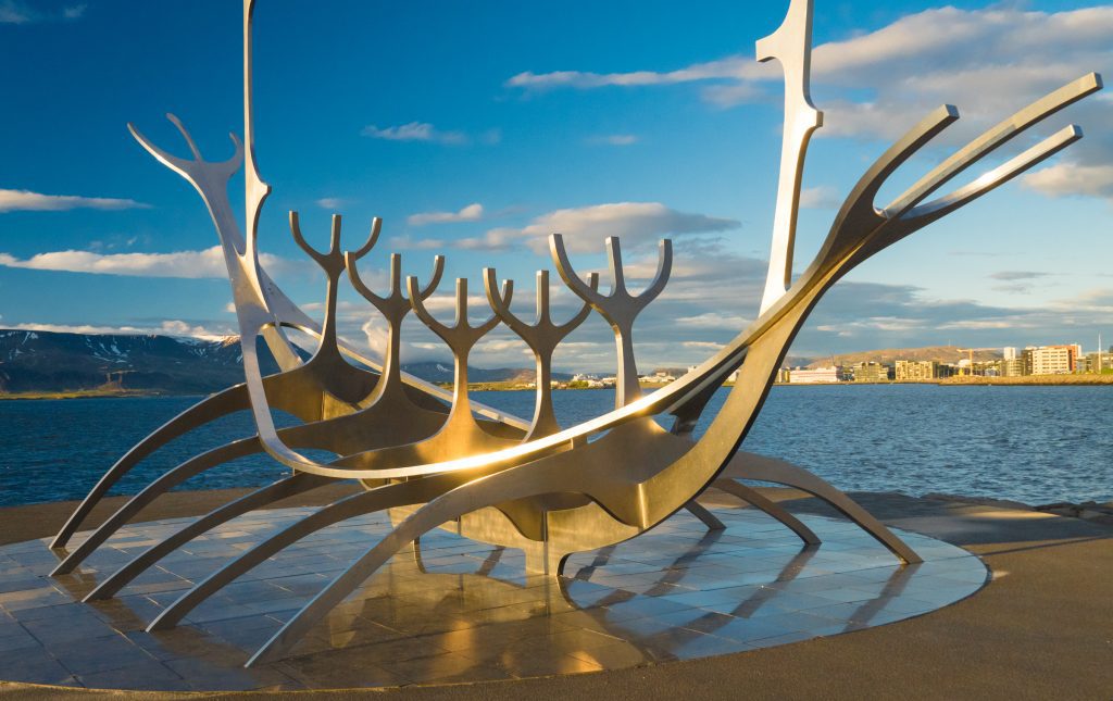 Icelandic's metallic Viking ship-shaped Sun Voyager statue.